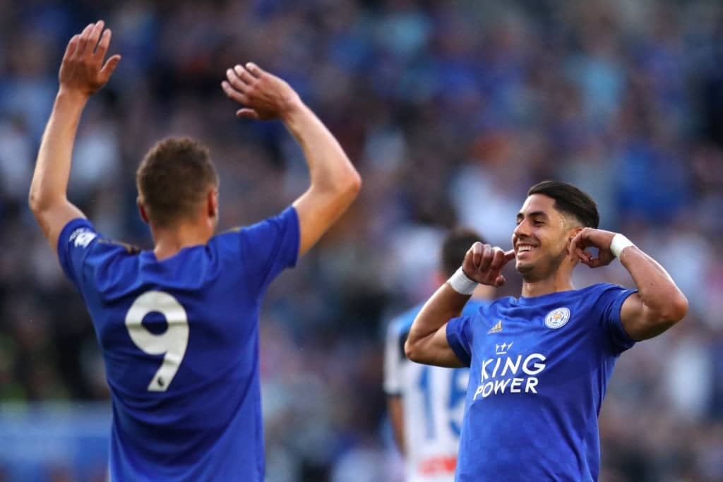LEICESTER, ENGLAND - AUGUST 02: Ayoze Perez of Leicester City celebrates with Jamie Vardy after scoring his sides first goal during the Pre-Season Friendly match between Leicester City and Atalanta at The King Power Stadium on August 02, 2019 in Leicester, England. (Photo by Alex Pantling/Getty Images)