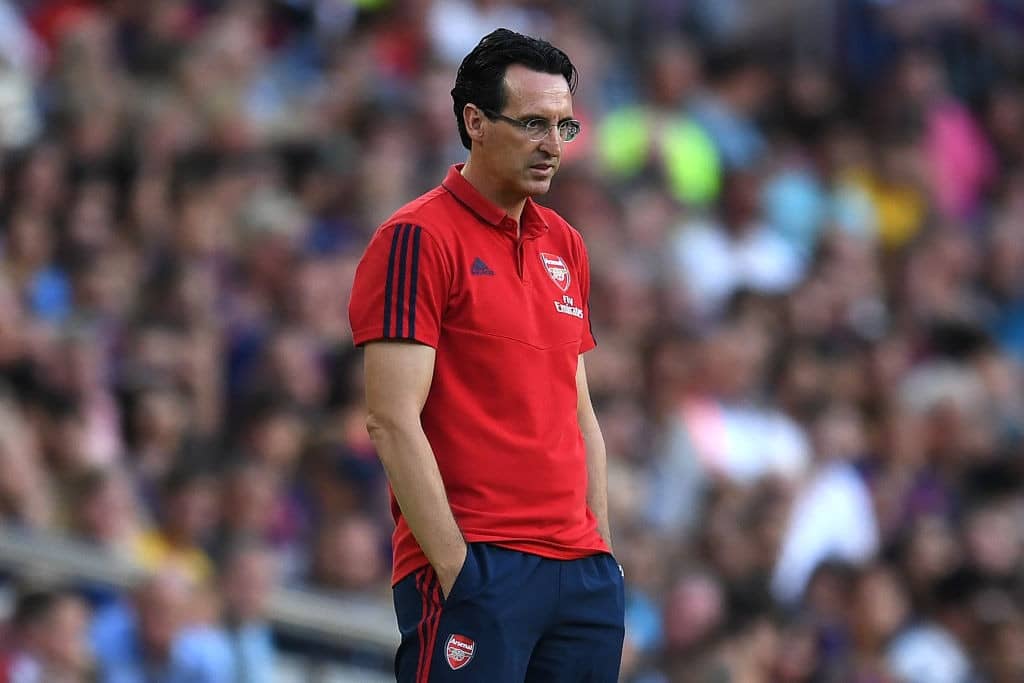 BARCELONA, SPAIN - AUGUST 04: Manager Unai Emery of Arsenal looks on during the Joan Gamper trophy friendly match between FC Barcelona and Arsenal at Nou Camp on August 04, 2019 in Barcelona, Spain. (Photo by David Ramos/Getty Images)