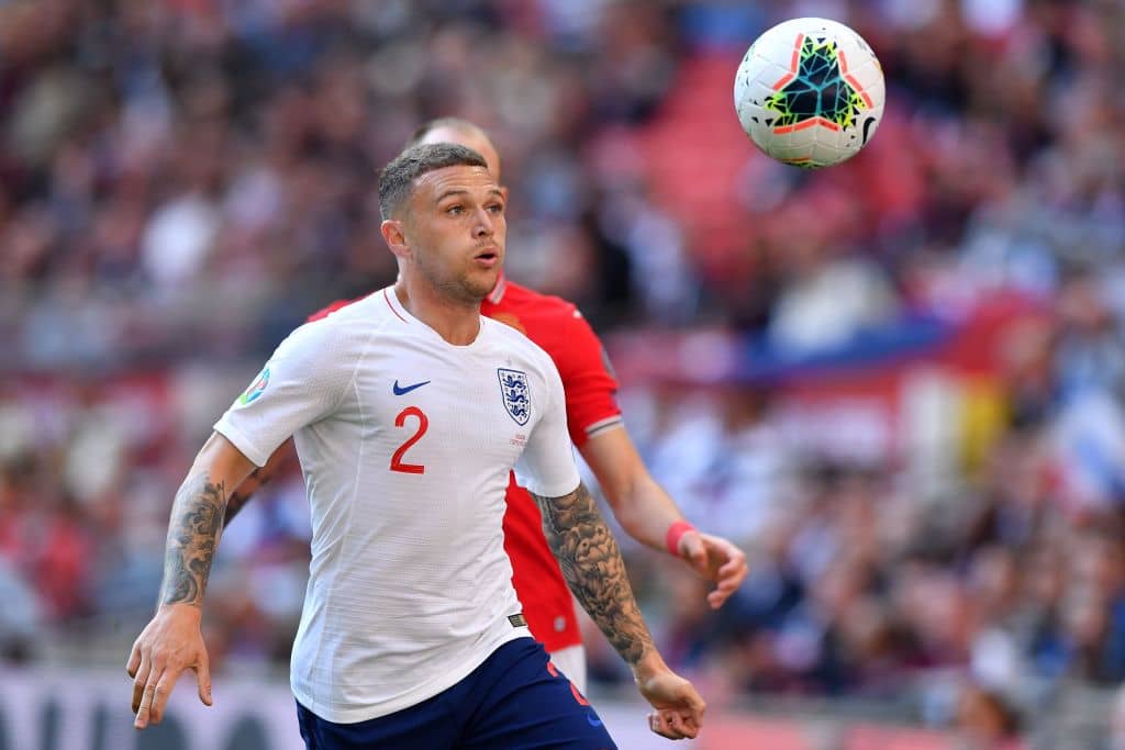 England's defender Kieran Trippier eyes the ball during the UEFA Euro 2020 qualifying first round Group A football match between England and Bulgaria at Wembley Stadium in London on September 7, 2019. (Photo by Ben STANSALL / AFP) / NOT FOR MARKETING OR ADVERTISING USE / RESTRICTED TO EDITORIAL USE (Photo credit should read BEN STANSALL/AFP/Getty Images)