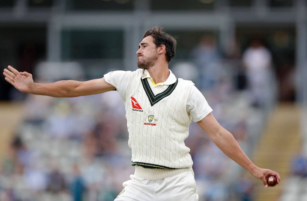 WORCESTER, ENGLAND - AUGUST 07: Mitchell Starc of Australia warms up during day one of the Tour Match between Worcester CCC and Australia at New Road on August 07, 2019 in Worcester, England. (Photo by Ryan Pierse/Getty Images)