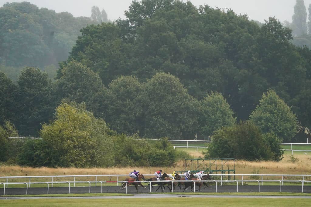 SUNBURY, ENGLAND - AUGUST 14: A general view as runners race down the back straight in The Joe O'Donovan Memorial/British Stallion Studs EBF Fillies' Novice Stakes at Kempton Park Racecourse on August 14, 2019 in Sunbury, England. (Photo by Alan Crowhurst/Getty Images)