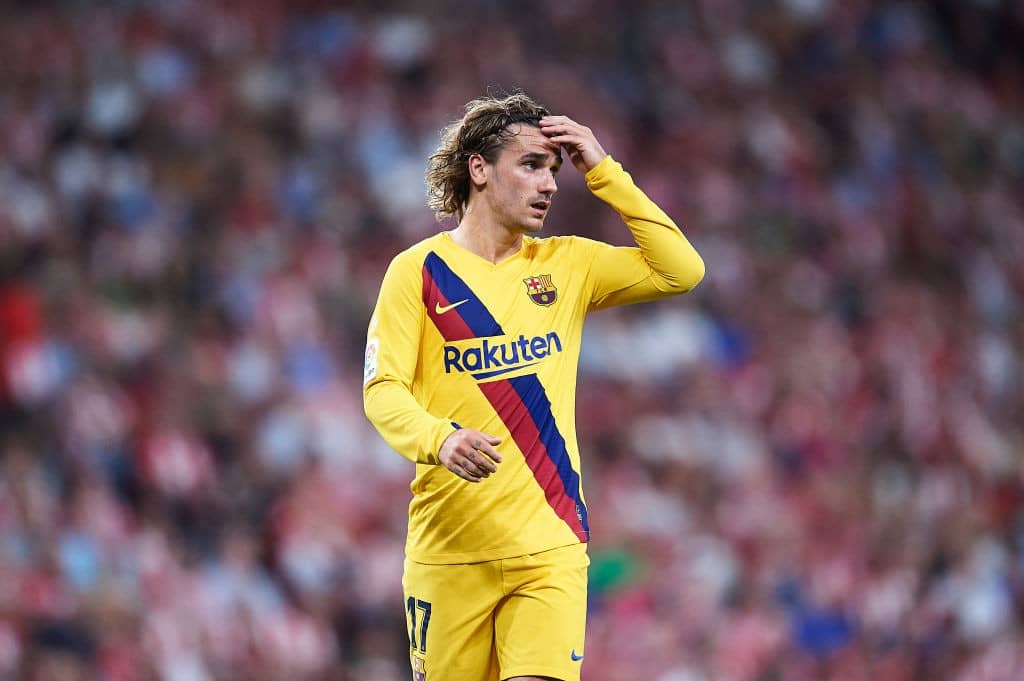 BILBAO, SPAIN - AUGUST 16: Antoine Griezmann of FC Barcelona looks on during the Liga match between Athletic Club and FC Barcelona at San Mames Stadium on August 16, 2019 in Bilbao, Spain. (Photo by Juan Manuel Serrano Arce/Getty Images) new signings