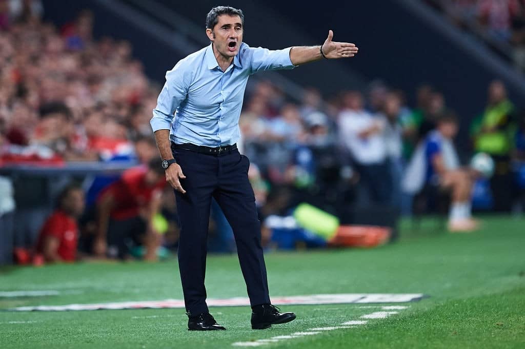 BILBAO, SPAIN - AUGUST 16: Ernesto Valverde of FC Barcelona reacts during the Liga match between Athletic Club and FC Barcelona at San Mames Stadium on August 16, 2019 in Bilbao, Spain. (Photo by Juan Manuel Serrano Arce/Getty Images)