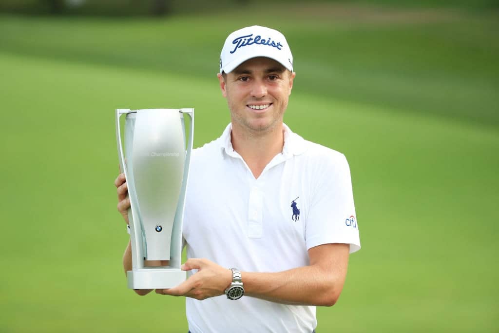MEDINAH, ILLINOIS - AUGUST 18: Justin Thomas of the United States celebrates with the BMW Championship Trophy after the final round of the BMW Championship at Medinah Country Club No. 3 on August 18, 2019 in Medinah, Illinois. (Photo by Andrew Redington/Getty Images)