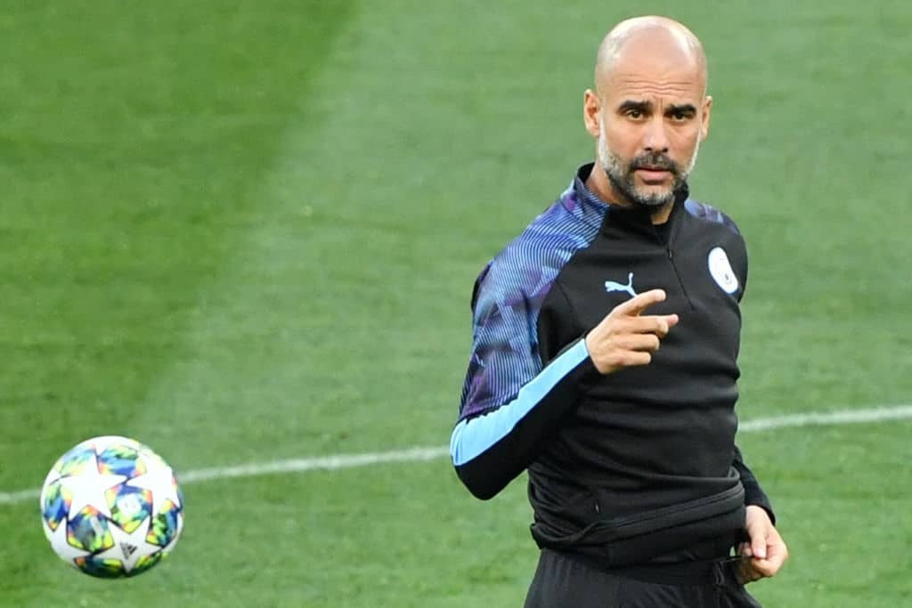 Manchester City's Spanish manager Pep Guardiola leads a training session of his team at the Metallist stadium in Kharkiv on September 17, 2019 on the eve of the UEFA Champions League Group C football match between FC Shakhtar Donetsk and Manchester City FC. (Photo by Sergei SUPINSKY / AFP) (Photo credit should read SERGEI SUPINSKY/AFP/Getty Images)