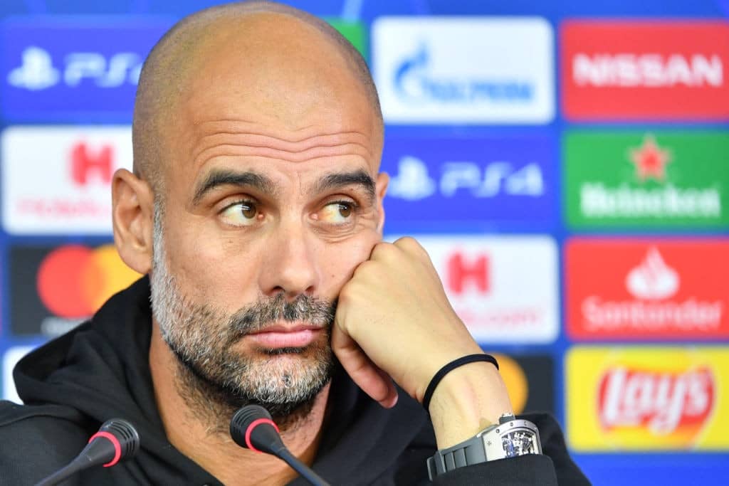 Manchester City's Spanish manager Pep Guardiola attends a press conference at the Metallist stadium in Kharkiv on September 17, 2019 on the eve of the UEFA Champions League Group C football match between FC Shakhtar Donetsk and Manchester City FC. (Photo by Sergei SUPINSKY / AFP) (Photo credit should read SERGEI SUPINSKY/AFP/Getty Images)