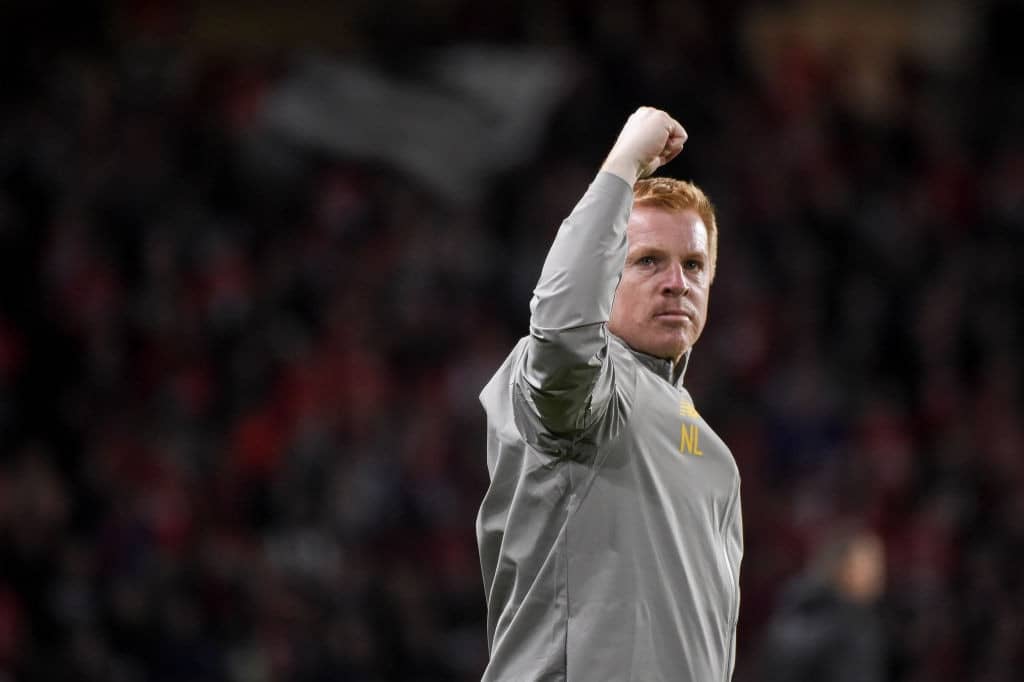 Celtic's Northern Irish head coach Neil Lennon gestures at the end of the UEFA Europa League Group E football match between Rennes (stade Rennais FC) and Celtic Glasgow (Celtic FC) at the Roazhon Park stadium in Rennes on September 19, 2019. (Photo by Sebastien SALOM-GOMIS / AFP) (Photo credit should read SEBASTIEN SALOM-GOMIS/AFP via Getty Images)