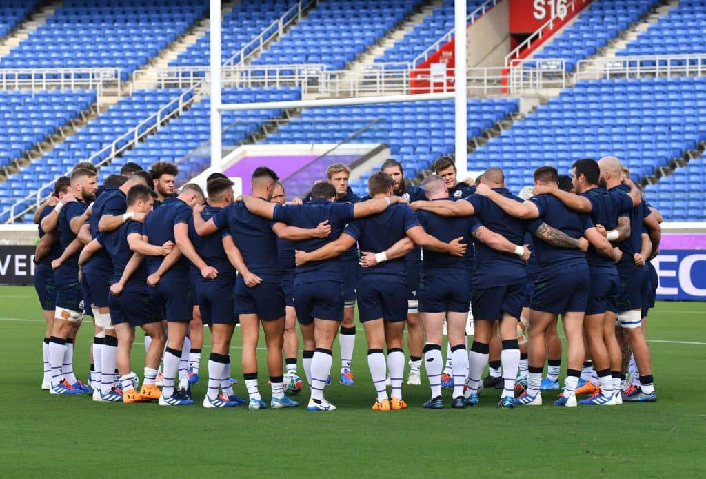 Scotland's players take part in a training session at International Stadium Yokohama in Kanagawa Prefecture on September 20, 2019, ahead of the Japan 2019 Rugby World Cup. (Photo by Kazuhiro NOGI / AFP) (Photo credit should read KAZUHIRO NOGI/AFP/Getty Images)