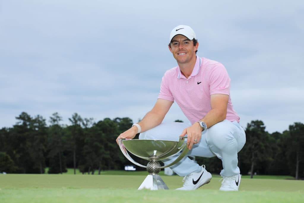 ATLANTA, GEORGIA - AUGUST 25: Rory McIlroy of Northern Ireland celebrates with the FedExCup trophy after winning during the final round of the TOUR Championship at East Lake Golf Club on August 25, 2019 in Atlanta, Georgia. (Photo by Streeter Lecka/Getty Images)