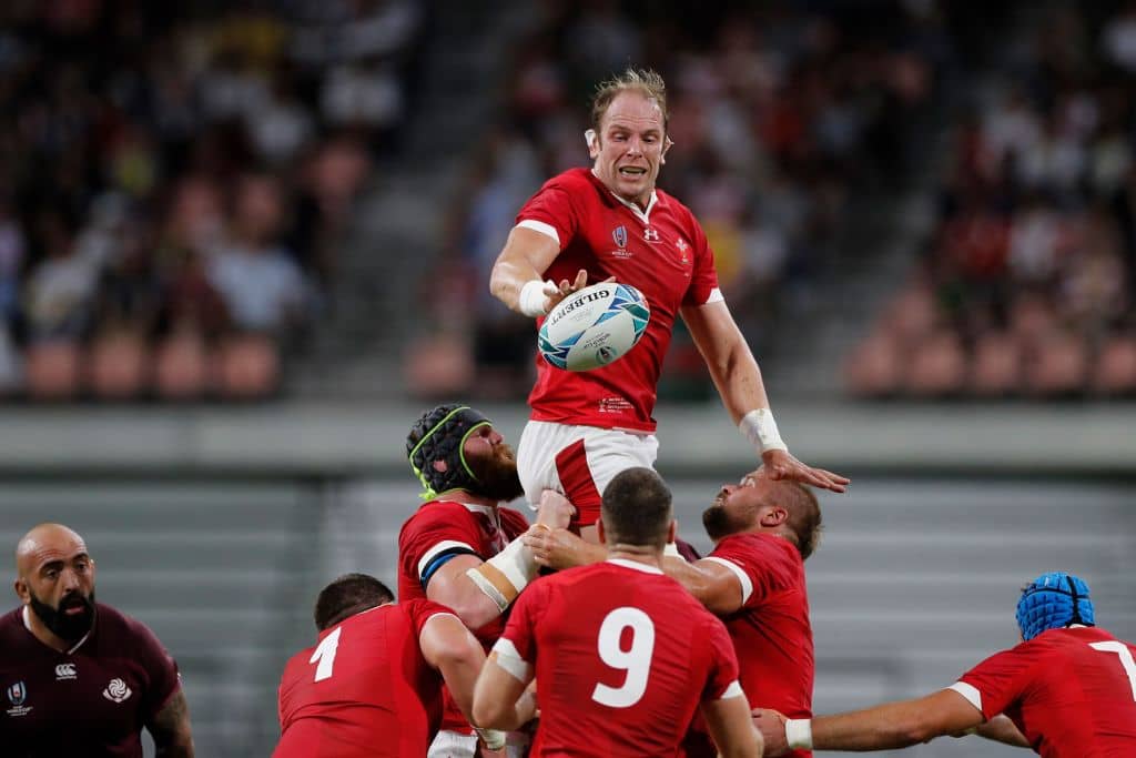 Wales' lock Alun Wyn Jones catches the ball in a line out during the Japan 2019 Rugby World Cup Pool D match between Wales and Georgia at the City of Toyota Stadium in Toyota City on September 23, 2019. (Photo by Adrian DENNIS / AFP) (Photo credit should read ADRIAN DENNIS/AFP/Getty Images)