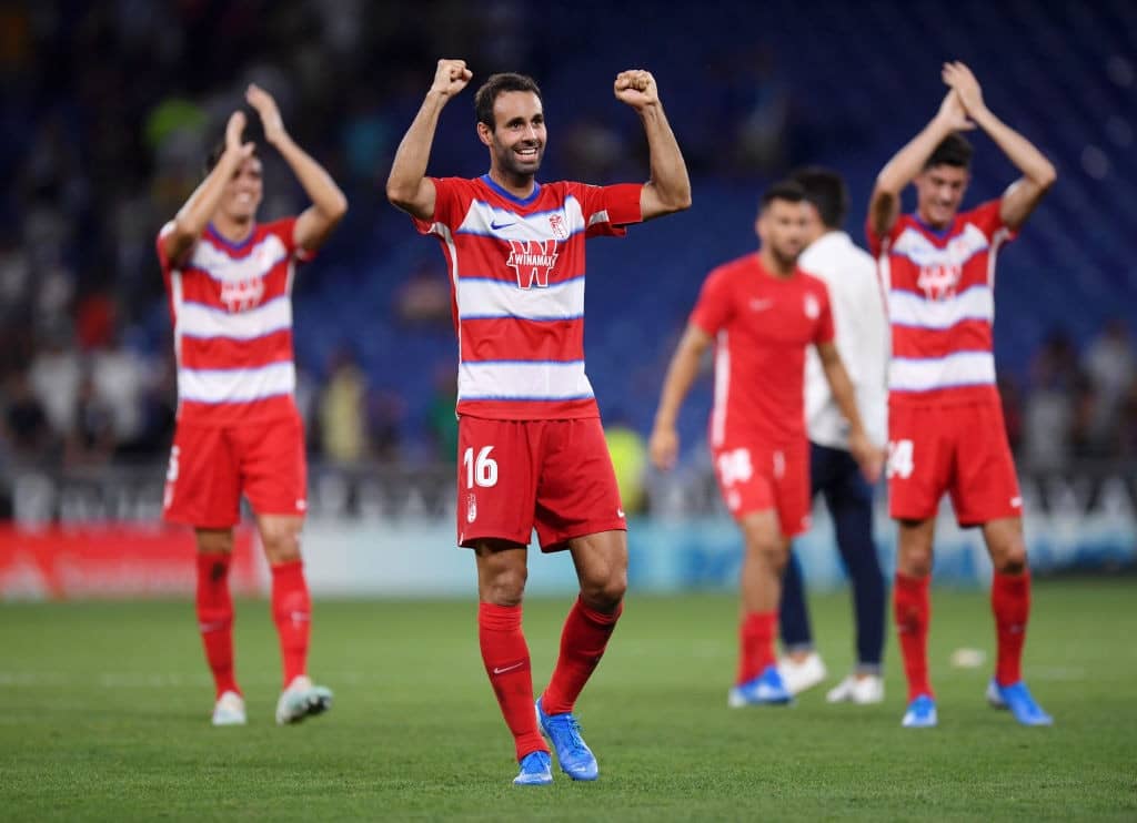 BARCELONA, SPAIN - SEPTEMBER 01: Victor Diaz of Granada celebrates following his sides victory in the La Liga match between RCD Espanyol and Granada CF at RCDE Stadium on September 01, 2019 in Barcelona, Spain. (Photo by Alex Caparros/Getty Images)