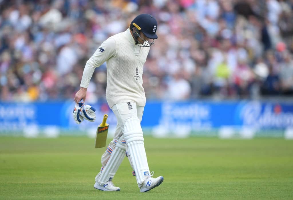 MANCHESTER, ENGLAND - SEPTEMBER 08: England batsman Jason Roy reacts as he leaves the field after being bowled by Pat Cummins during day five of the 4th Ashes Test Match between England and Australia at Old Trafford on September 08, 2019 in Manchester, England. (Photo by Stu Forster/Getty Images)