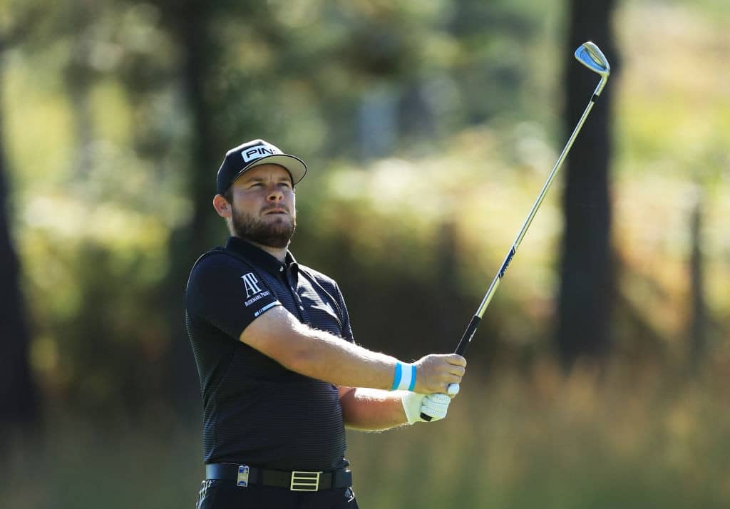 VIRGINIA WATER, ENGLAND - SEPTEMBER 20: Tyrrell Hatton of England plays his second shot on the ninth during Day 2 of the BMW PGA Championship at Wentworth Golf Club on September 20, 2019 in Virginia Water, United Kingdom. (Photo by David Cannon/Getty Images)