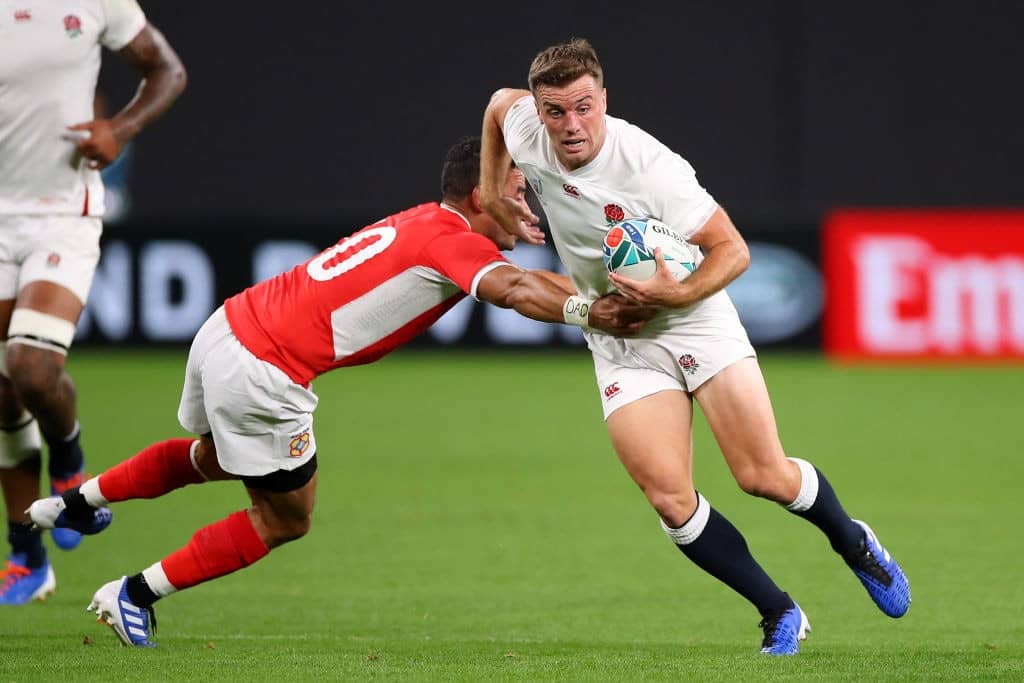 SAPPORO, JAPAN - SEPTEMBER 22: George Ford of England runs past Kurt Morath of Tonga during the Rugby World Cup 2019 Group C game between England and Tonga at Sapporo Dome on September 22, 2019 in Sapporo, Hokkaido, Japan. (Photo by Mark Kolbe/Getty Images)