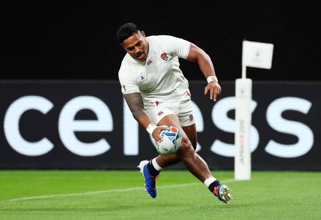 SAPPORO, JAPAN - SEPTEMBER 22: Manu Tuilagi of England grounds the ball to score his side's second try during the Rugby World Cup 2019 Group C game between England and Tonga at Sapporo Dome on September 22, 2019 in Sapporo, Hokkaido, Japan. (Photo by David Rogers/Getty Images)