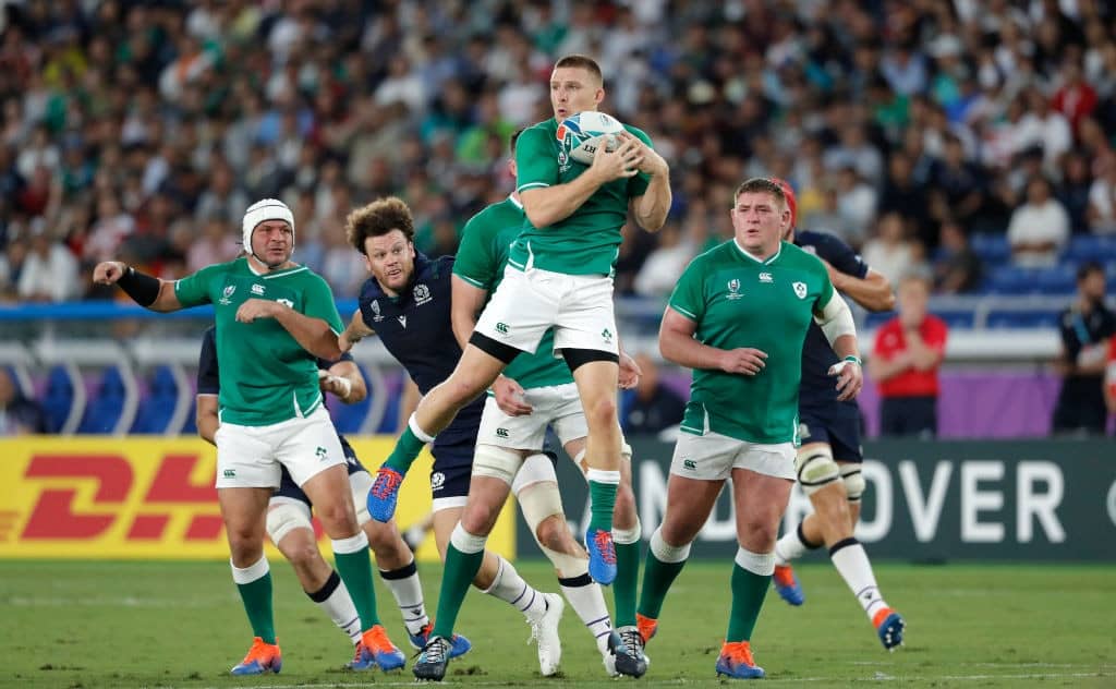 YOKOHAMA, JAPAN - SEPTEMBER 22: Ireland player Andrew Conway collects a high ball during the Rugby World Cup 2019 Group A game between Ireland and Scotland at International Stadium Yokohama on September 22, 2019 in Yokohama, Kanagawa, Japan. (Photo by Stu Forster/Getty Images)