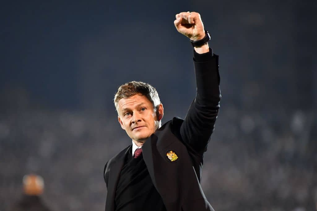 Manchester United's Norwegian manager Ole Gunnar Solskjaer gestures at the final whistle during the UEFA Europa league group L football match between Partizan Belgrade and Manchester United at the Partizan stadium in Belgrade on October 24, 2019. - Manchester United beat Partizan Belkgrade 1 - 0. (Photo by ANDREJ ISAKOVIC / AFP) (Photo by ANDREJ ISAKOVIC/AFP via Getty Images)