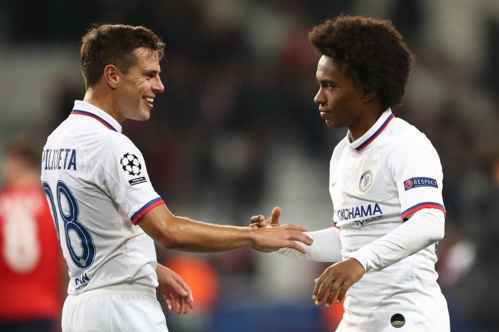 LILLE, FRANCE - OCTOBER 02: Willian and Cesar Azpilicueta of Chelsea during the UEFA Champions League group H match between Lille OSC and Chelsea FC at Stade Pierre Mauroy on October 02, 2019 in Lille, France. (Photo by Bryn Lennon/Getty Images)