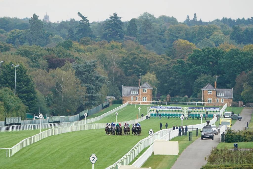 ASCOT, ENGLAND - OCTOBER 05: A general view as runners make their way down the course in The bet365 Challenge Cup at Ascot Racecourse on October 05, 2019 in Ascot, England. (Photo by Alan Crowhurst/Getty Images)