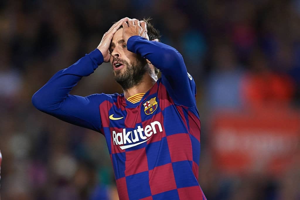 BARCELONA, SPAIN - OCTOBER 06: Gerard Pique of FC Barcelona reacts during the Liga match between FC Barcelona and Sevilla FC at Camp Nou on October 06, 2019 in Barcelona, Spain. (Photo by Aitor Alcalde/Getty Images)