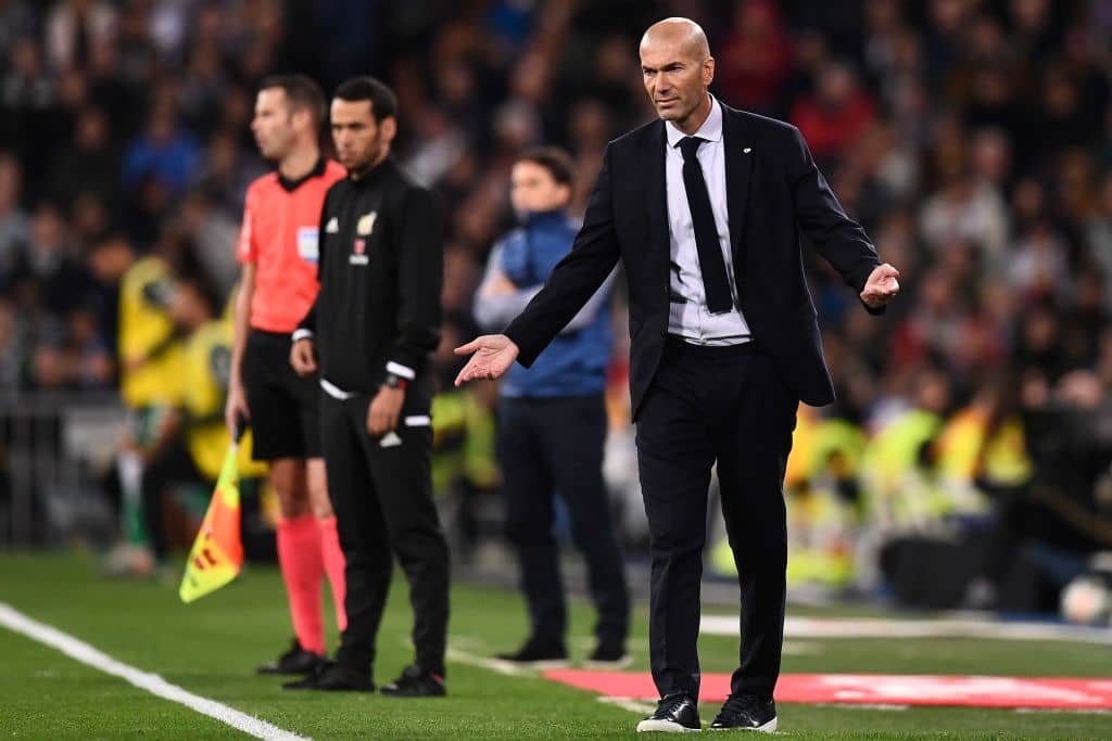 Real Madrid's French coach Zinedine Zidane reacts during the Spanish League football match between Real Madrid CF and Real Betis at the Santiago Bernabeu stadium in Madrid, on November 2, 2019. (Photo by OSCAR DEL POZO / AFP) (Photo by OSCAR DEL POZO/AFP via Getty Images)