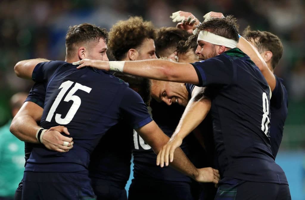 FUKUROI, JAPAN - OCTOBER 09: Scotland players celebrate victory following the Rugby World Cup 2019 Group A game between Scotland and Russia at Shizuoka Stadium Ecopa on October 09, 2019 in Fukuroi, Shizuoka, Japan. (Photo by Mike Hewitt/Getty Images)