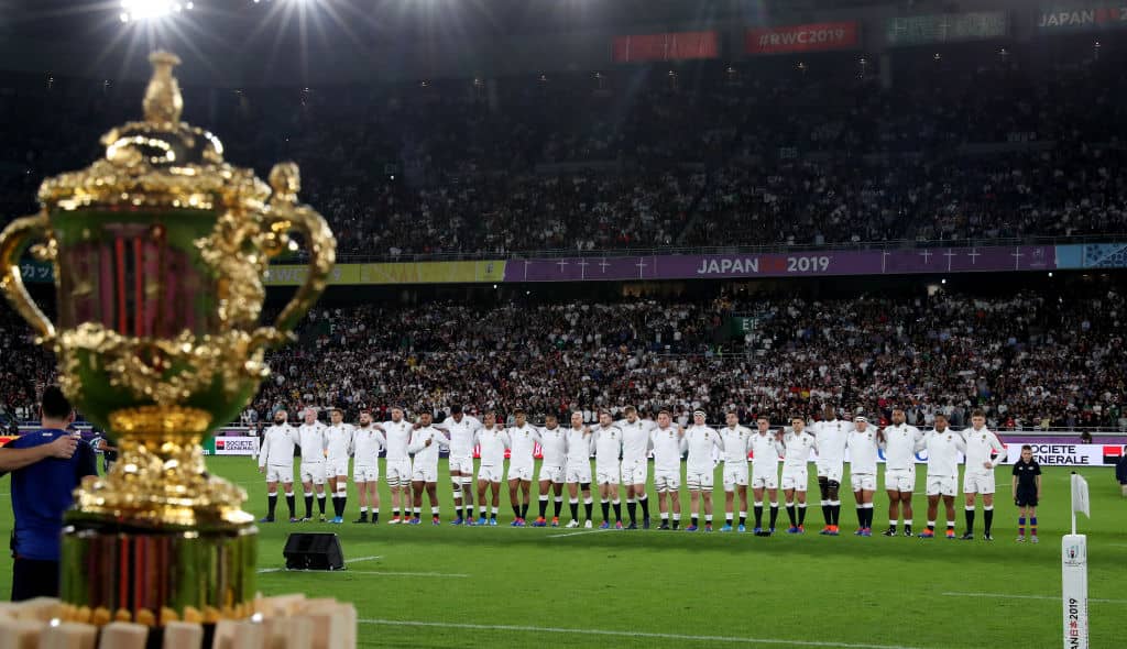 YOKOHAMA, JAPAN - OCTOBER 26: The England team line up during the Rugby World Cup 2019 Semi-Final match between England and New Zealand at International Stadium Yokohama on October 26, 2019 in Yokohama, Kanagawa, Japan. (Photo by David Rogers/Getty Images)