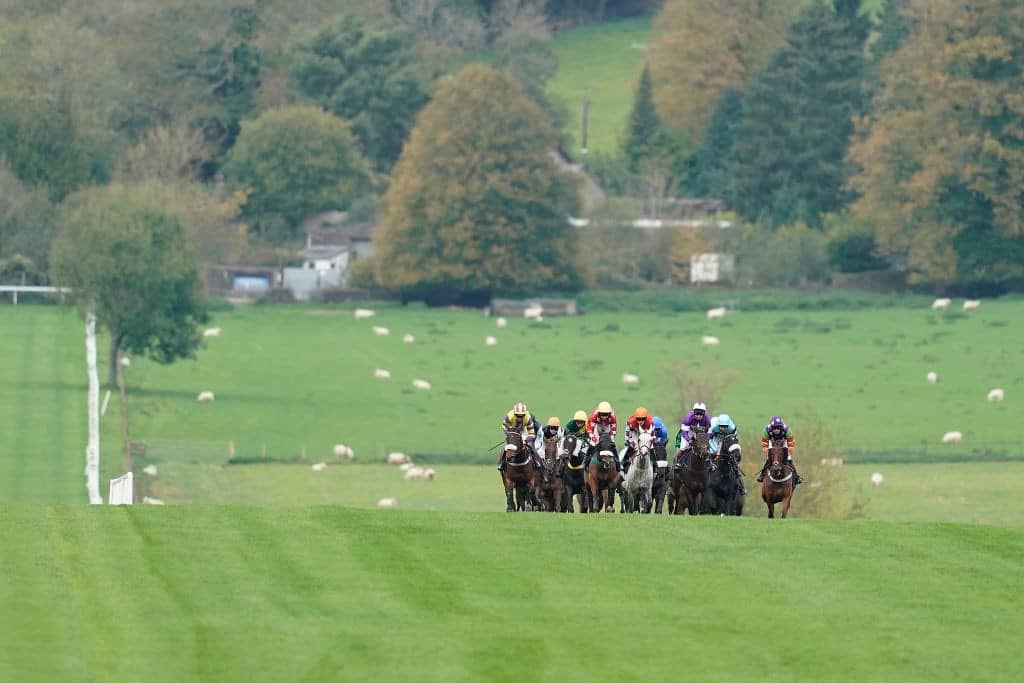 CHEPSTOW, WALES - OCTOBER 29: A general view as runners make their way down the straight in The myracing.com For Chepstow Tips Handicap Hurdle at Chepstow Racecourse on October 29, 2019 in Chepstow, Wales. (Photo by Alan Crowhurst/Getty Images)
