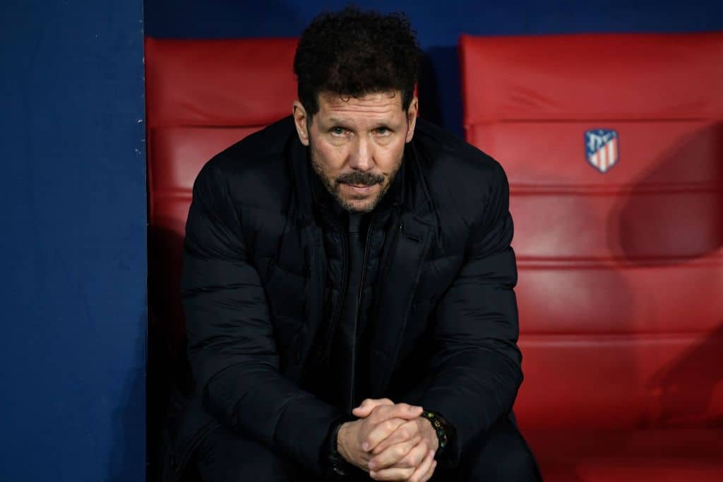 Atletico Madrid's Argentinian coach Diego Simeone looks on before the UEFA Champions League football match between Club Atletico de Madrid and Lokomotiv Moscow at the Wanda Metropolitano stadium in Madrid on December 11, 2019. (Photo by PIERRE-PHILIPPE MARCOU / AFP) (Photo by PIERRE-PHILIPPE MARCOU/AFP via Getty Images)