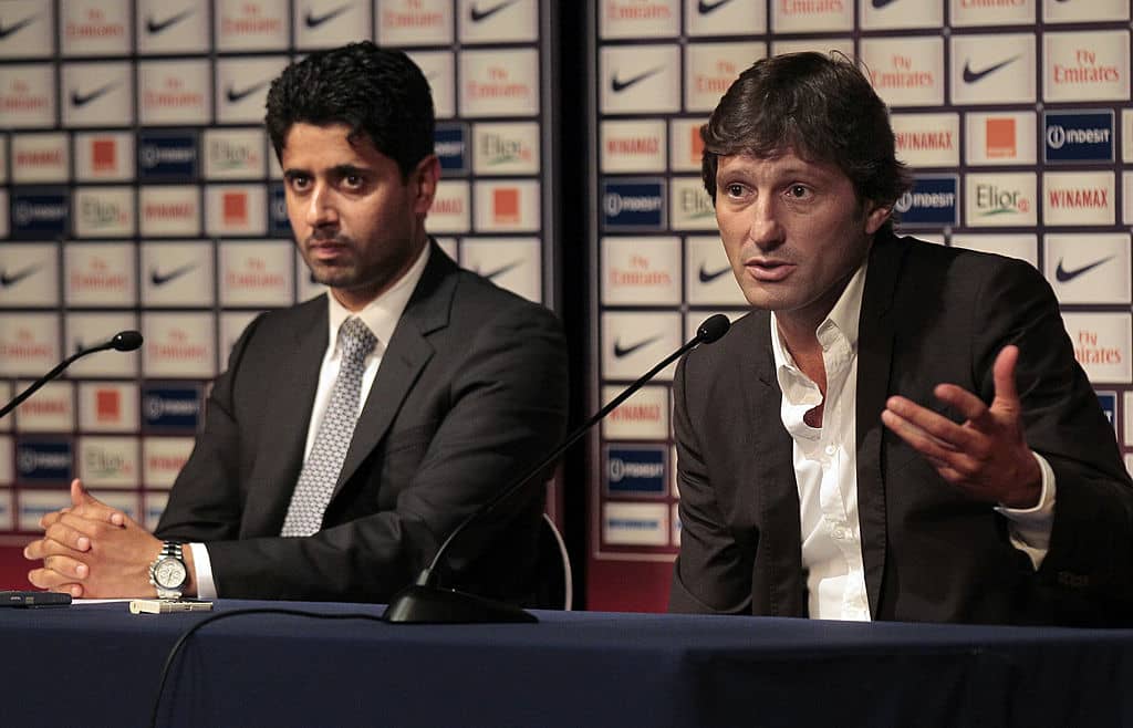 Newly elected supervisory board president of the Paris Saint-Germain, Nasser Al-Khelaifi (L) of Qatar, president of majority shareholders Qatar Sports Investment (QSI) and newly elected Paris Saint-Germain's sporting director Leonardo (R) give a press conference at the Parc des princes stadium on July 13, 2011 in Paris. The former Brazil international midfielder Leonardo's arrival was made possible by the departure of Robin Leproux, who revealed today that he had been removed from his position as club president. AFP PHOTO / JACQUES DEMARTHON (Photo credit should read JACQUES DEMARTHON/AFP/Getty Images)
