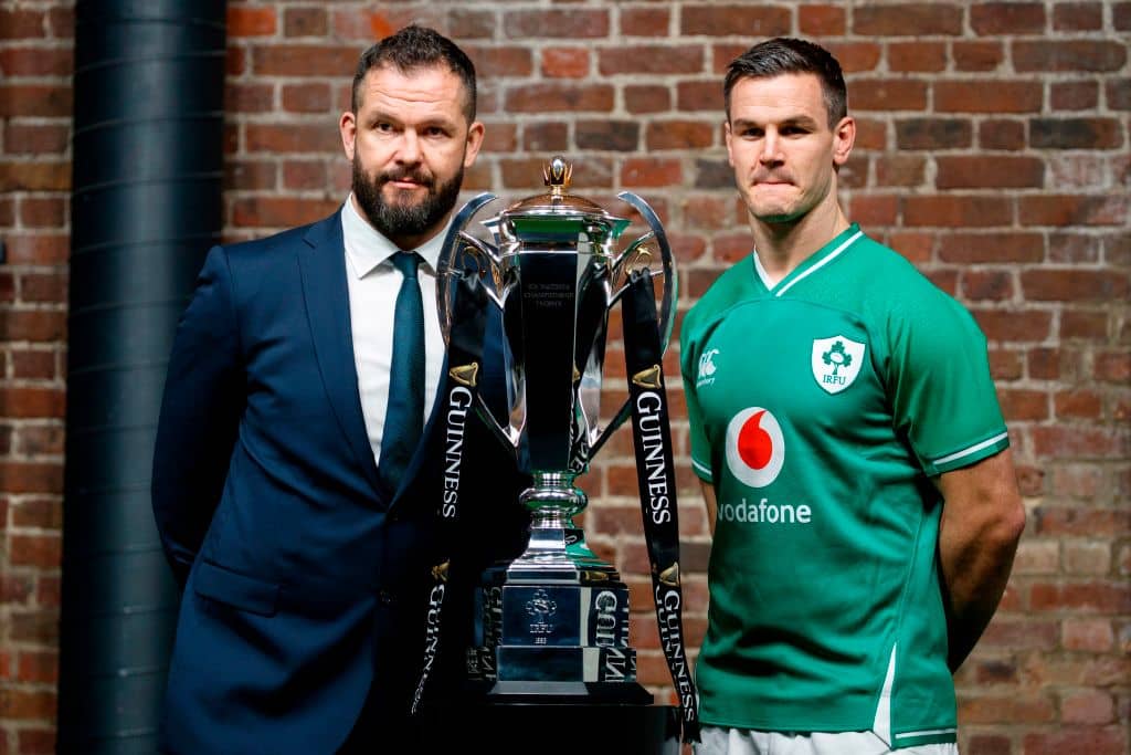 Six nations international rugby coach and captain, Ireland's Andy Farrell (L) and Ireland's Jonathan Sexton, pose with the trophy during the 6 Nations Rugby Union launch event in east London on January 22, 2020. (Photo by Tolga AKMEN / AFP) (Photo by TOLGA AKMEN/AFP via Getty Images)