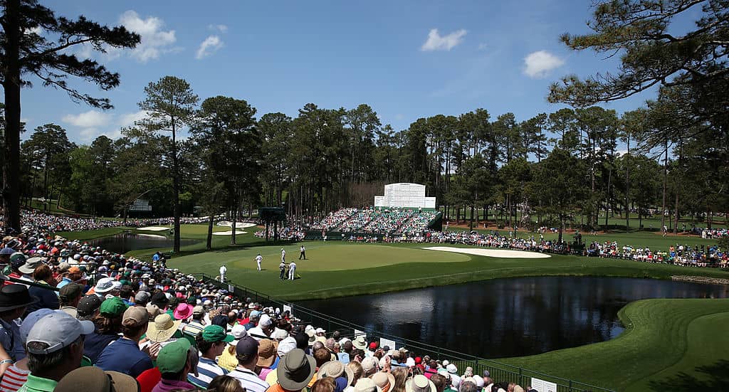 AUGUSTA, GA - APRIL 12: A general view of the par five 15th hole during the second round of the 2013 Masters at the Augusta National Golf Club on April 12, 2013 in Augusta, Georgia. (Photo by Ross Kinnaird/Getty Images)