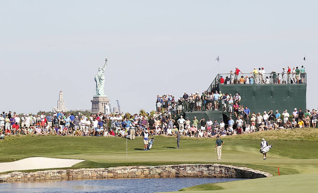 JERSEY CITY, NJ - AUGUST 25: A general view of the 13th hole during the fourth round of The Barclays held at Liberty National Golf Club on August 25, 2013 in Jersey City, New Jersey. (Photo by Michael Cohen/Getty Images)