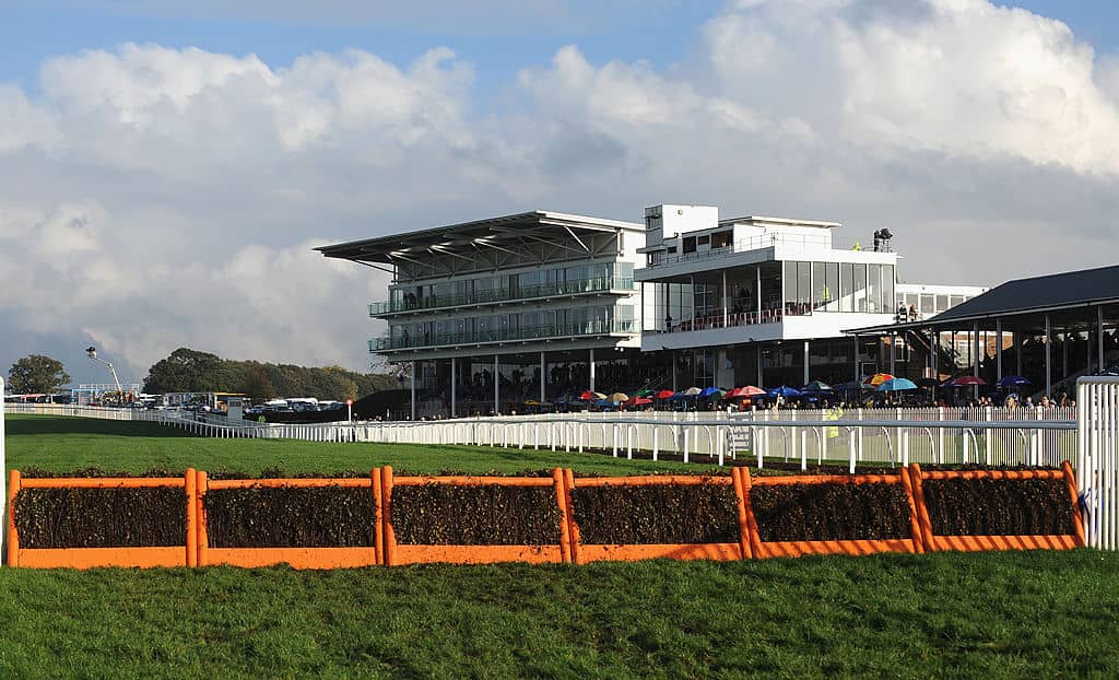 WETHERBY, ENGLAND - NOVEMBER 02: A general view of the grandstand at Wetherby Racecourse and the last hurdle fence before the finish ahead of The bet365 Charlie Hall Meeting - Second Day at Wetherby Racecourse on November 2, 2013 in Wetherby, England. (Photo by Tony Marshall/Getty Images)