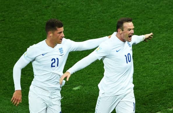 Wayne Rooney of England (R) celebrates scoring his team's first goal with Ross Barkley during the 2014 FIFA World Cup Brazil Group D match 