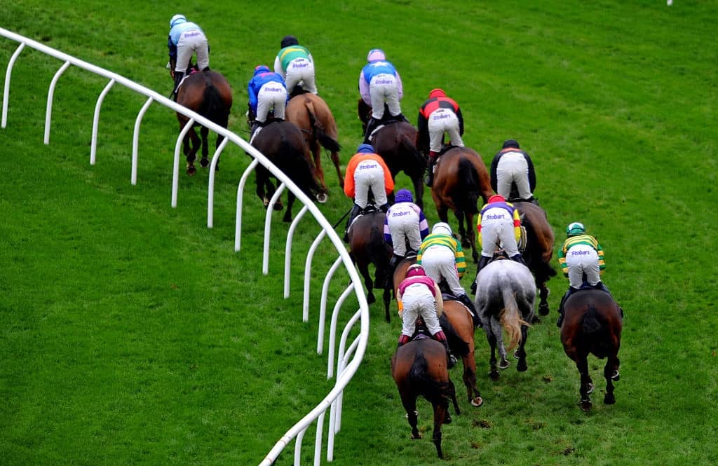 NEWBURY, ENGLAND - NOVEMBER 27: Runners make their way through the course during the The Pertemps Network Handicap Hurdle Race at Newbury Racecourse on November 27, 2015 in Newbury, England. (Photo by Harry Trump/Getty Images)