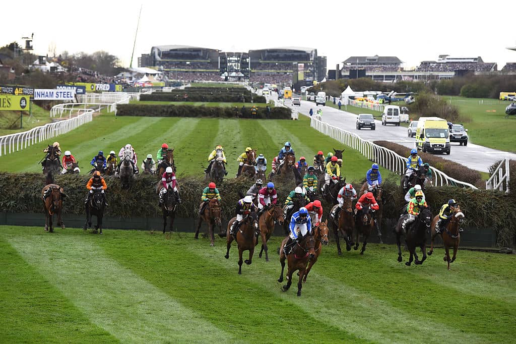 LIVERPOOL, ENGLAND - APRIL 09: A general view of runners during the 2016 Crabbie's Grand National Steeple Chase at Aintree Racecourse on April 9, 2016 in Liverpool, England. (Photo by Laurence Griffiths/Getty Images)