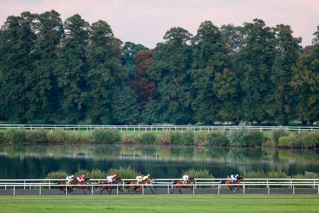 SUNBURY, ENGLAND - AUGUST 30: A general view as runners race down the back straight at Kempton Park racecourse on August 30, 2017 in Sunbury, England. (Photo by Alan Crowhurst/Getty Images)