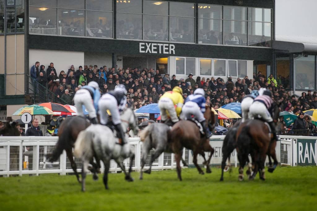 EXETER, ENGLAND - NOVEMBER 07: A general view as runners pass the grandstands at Exeter racecourse on November 7, 2017 in Exeter, United Kingdom. (Photo by Alan Crowhurst/Getty Images)
