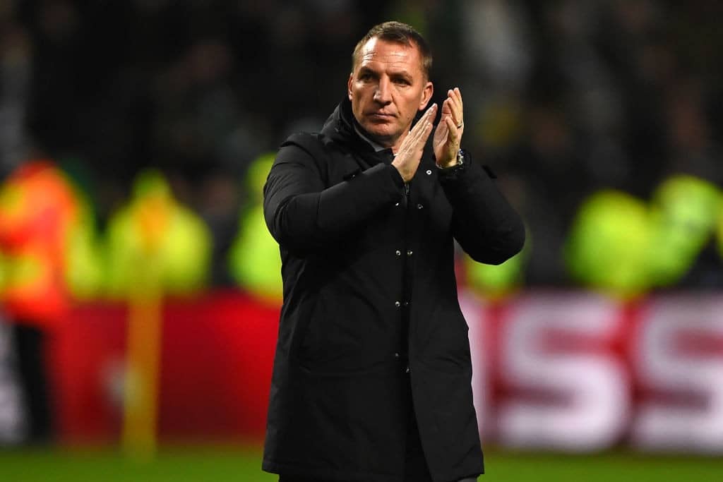 Celtic's Northern Irish manager Brendan Rodgers applauds supporters as he leaves after the UEFA Champions League Group B football match between Celtic and Anderlecht at Celtic Park stadium in Glasgow, Scotland on December 5, 2017. Anderlecht won the game 1-0. / AFP PHOTO / Andy BUCHANAN (Photo credit should read ANDY BUCHANAN/AFP/Getty Images)