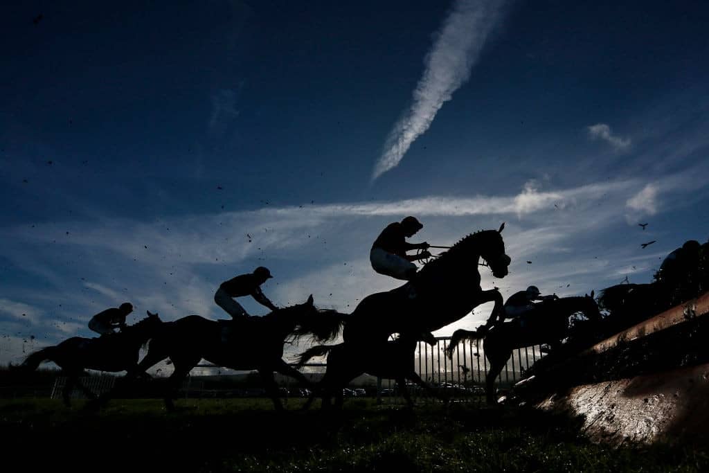 LUDLOW, ENGLAND - JANUARY 10: A general view as a runner stands on its hind legs on the take off side of a fence at Ludlow racecourse on January 10, 2018 in Ludlow, England. (Photo by Alan Crowhurst/Getty Images)