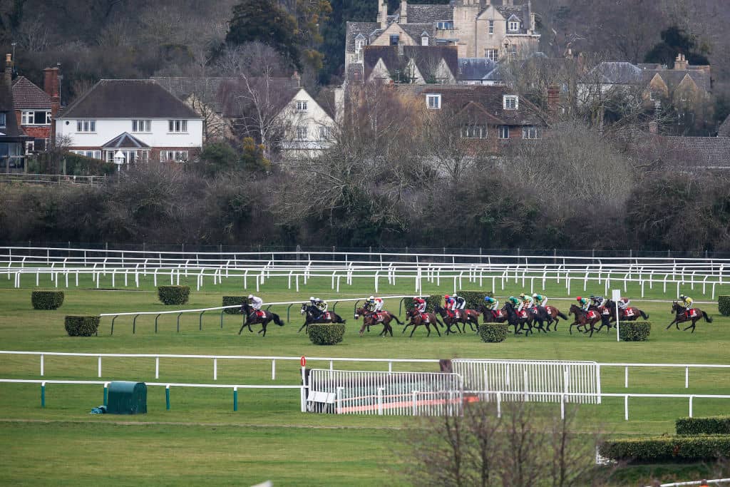 CHELTENHAM, ENGLAND - MARCH 14: A general view of runners in The Glenfarclas Steeple Chase at Cheltenham racecourse on Ladies Day on March 14, 2018 in Cheltenham, England. (Photo by Alan Crowhurst/Getty Images)