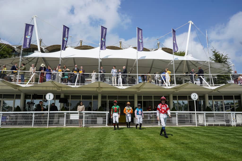 CHICHESTER, ENGLAND - MAY 25: A general view as jockeys leave the weighing room at Goodwood Racecourse on May 25, 2018 in Chichester, United Kingdom. (Photo by Alan Crowhurst/Getty Images)